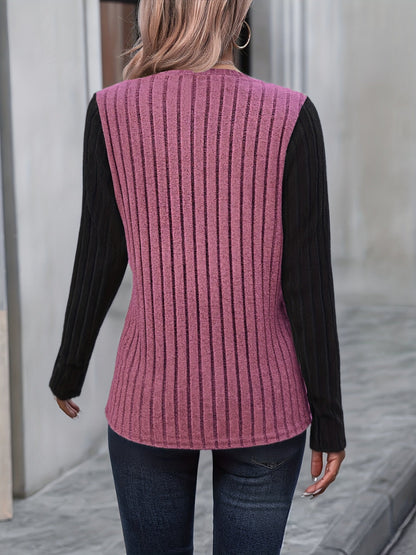 Damen Langarmshirt Gerippt mit Knopfleiste Kontrastärmel Schwarz