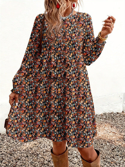 Women's Boho-Chic Floral Print Casual Dress with Long Sleeves – Perfect for Spring and Summer