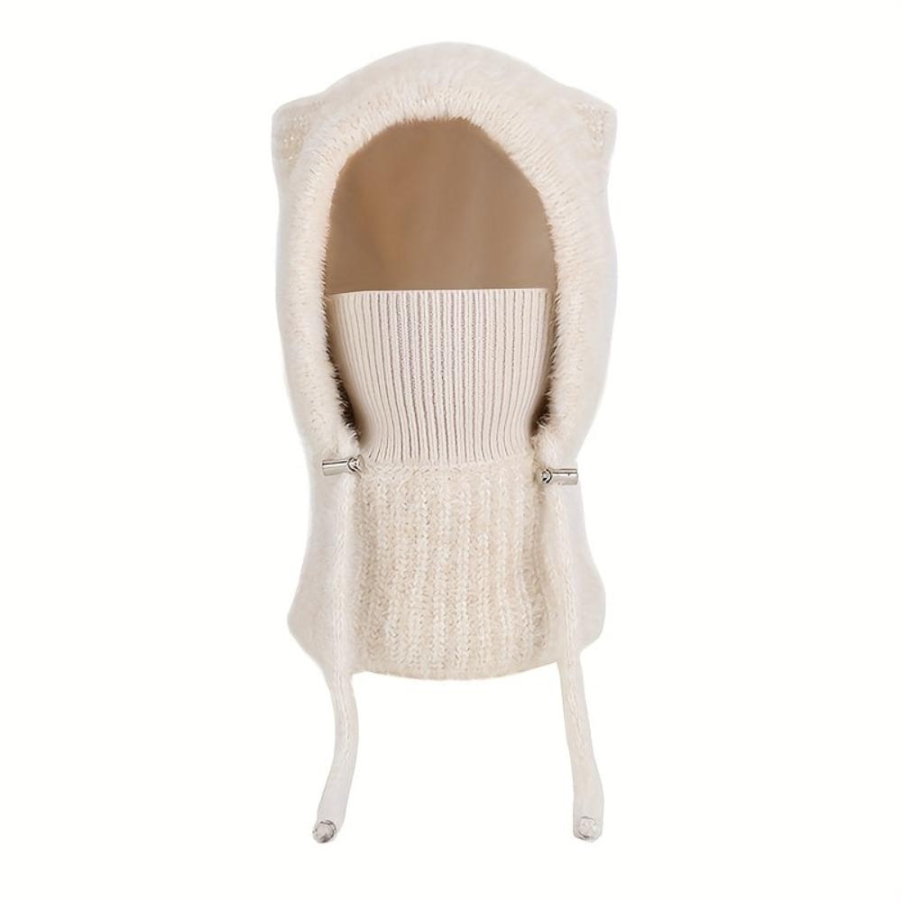 Gestrickte Balaclava-Mütze mit Ohren und integriertem Schal in Rippstrick