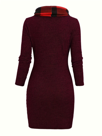 Damen Pulloverkleid mit Rollkragen, kariertem Einsatz & Knöpfen, Langarm, tailliert