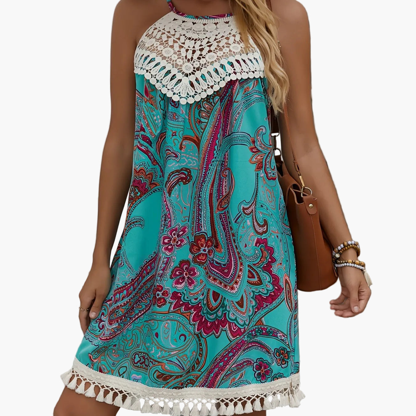 Women's Summer Beach Dress in Boho Style with Crochet Details and Paisley Pattern – Elegant Casual Tunic Dress for Vacation and Everyday Wear