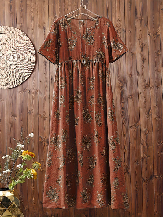 Women's Boho Maxi Dress with Floral Pattern and V-Neck, Casual, Summer, Plus Sizes
