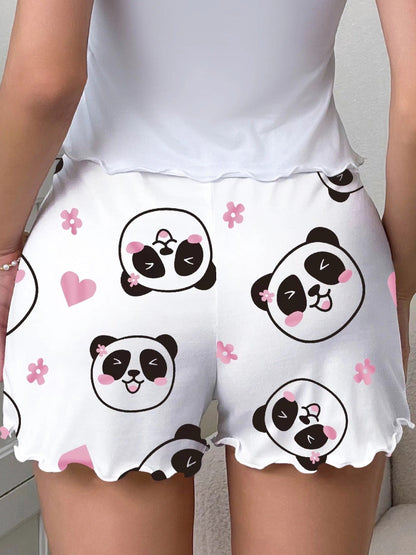 Women's pajama shorts with panda print and bow – cute sleepwear for spring & summer, casual style