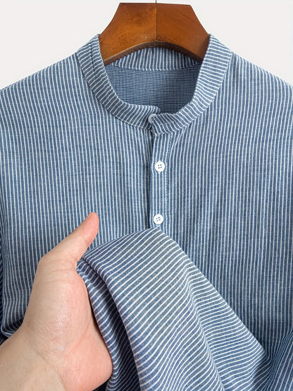 Men's Short Sleeve Henley Shirt with Stand Collar and Stripes – Modern Casual Shirt