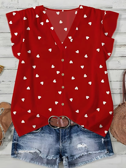 Women's summer blouse with hearts, V-neck, button placket, casual & romantic style