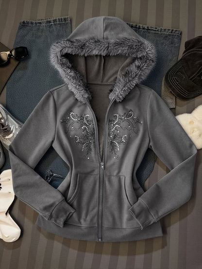 Women's hooded zip-up jacket with faux fur trim and a decorative pattern in gray