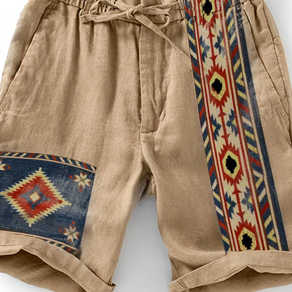 Men's ethnic shorts with geometric print and adjustable waistband – fashionable casual pants for summer and vacation