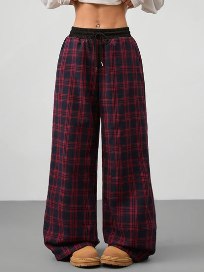 Damen Weitbeinige Karierte Freizeithose mit Kordelzug – Lässige Loungehose für Alltag und Wochenende