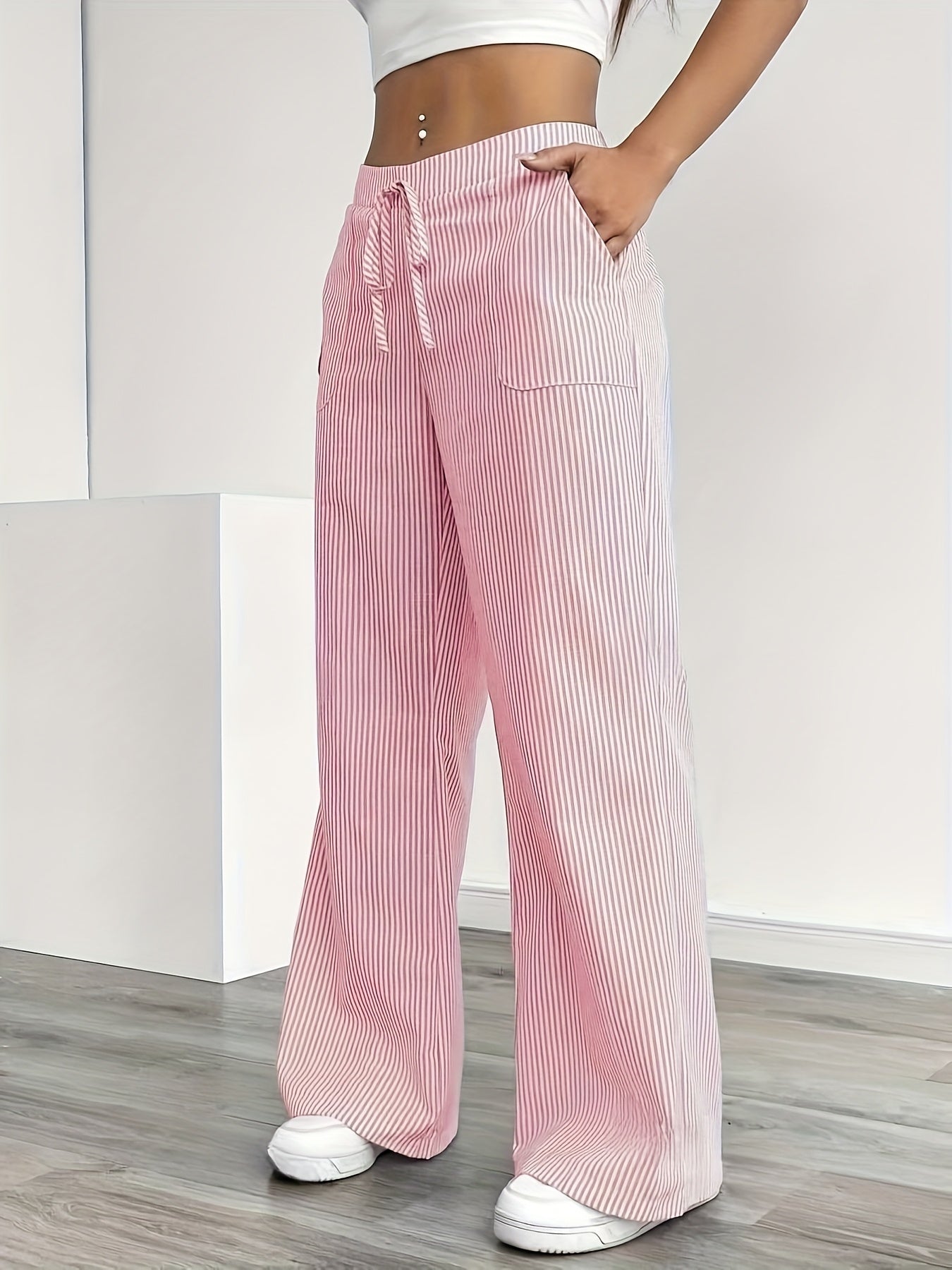 Women's Wide-Leg Casual Pants with Stripes and Drawstring – Relaxed Streetwear for Everyday and Weekend