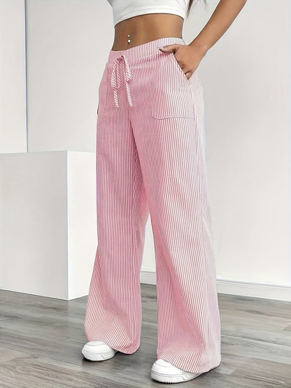 Women's Wide-Leg Casual Pants with Stripes and Drawstring – Relaxed Streetwear for Everyday and Weekend
