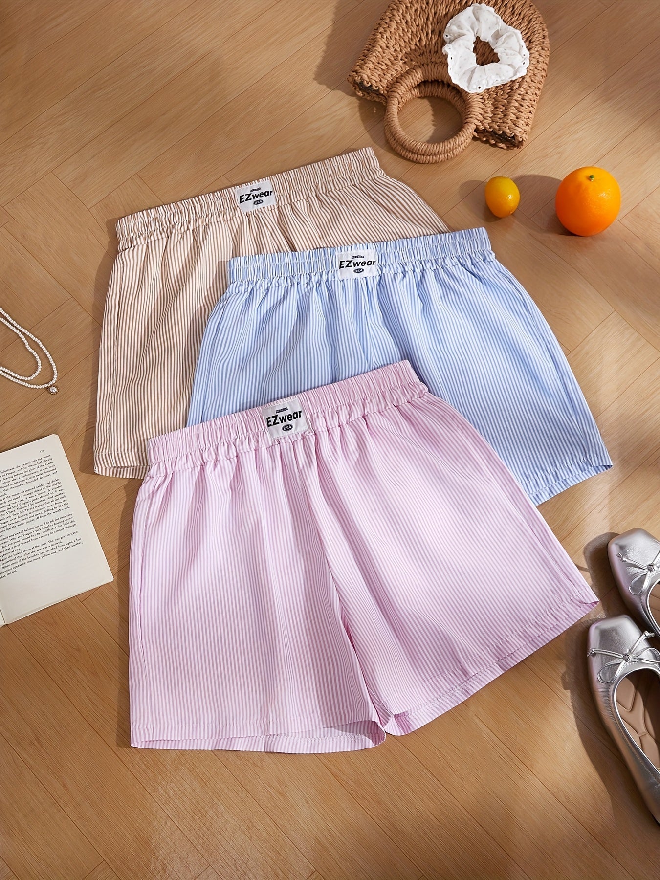 Damen Pyjama-Shorts im Streifen-Design für entspannte Sommernächte, 3er-Pack, Freizeit-Loungewear