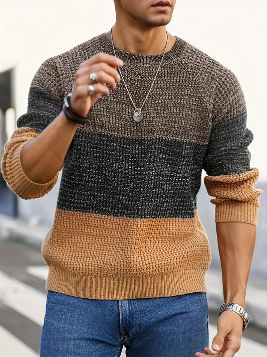 Herren Grobstrickpullover Rundhals Mehrfarbig Gestreift Langarm
