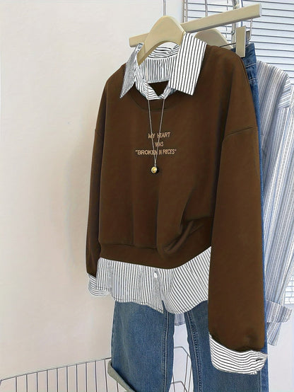 Damen Layering-Sweatshirt mit Hemdeinsatz, Baumwollmischung, Langarm