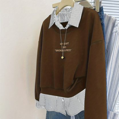 Damen Layering-Sweatshirt mit Hemdeinsatz, Baumwollmischung, Langarm