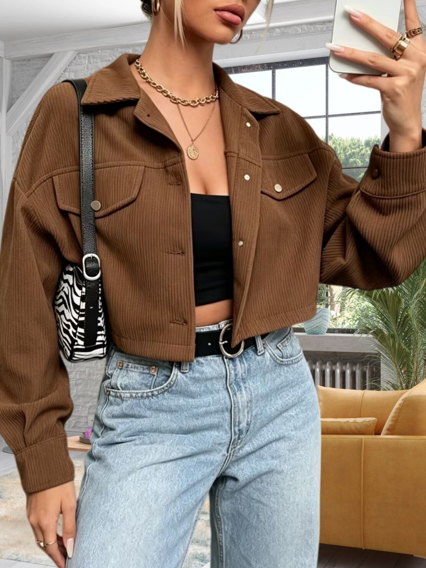Short women's corduroy jacket with a collar and chest pockets