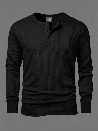 Men's long-sleeve Henley shirt, textured fabric, relaxed fit