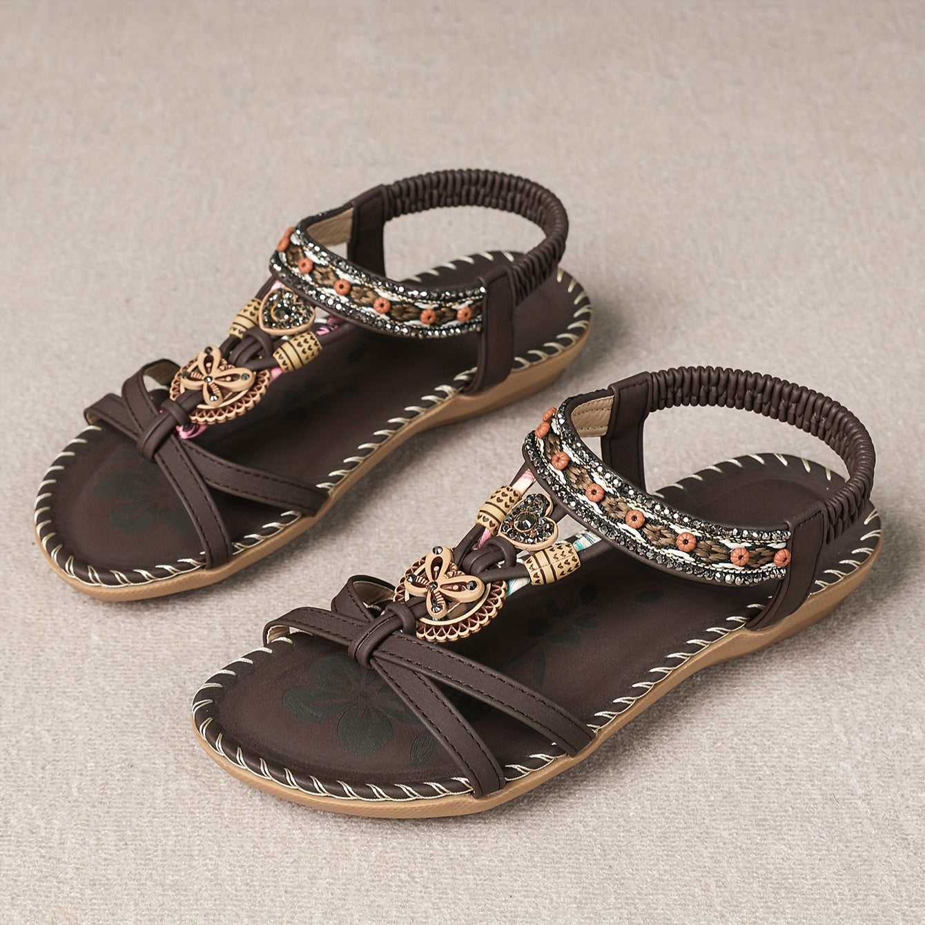 Women's Boho Sandals with Decorative Jewelry and Elastic Ankle Strap – Comfortable Summer Shoes for Casual Wear and Vacation