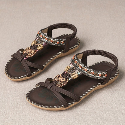 Women's Boho Sandals with Decorative Jewelry and Elastic Ankle Strap – Comfortable Summer Shoes for Casual Wear and Vacation