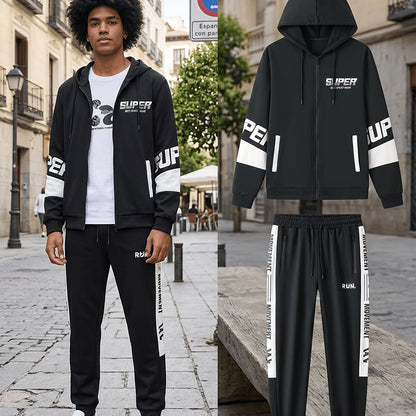 Men's sports tracksuit with a zip-up hooded jacket and striped joggers