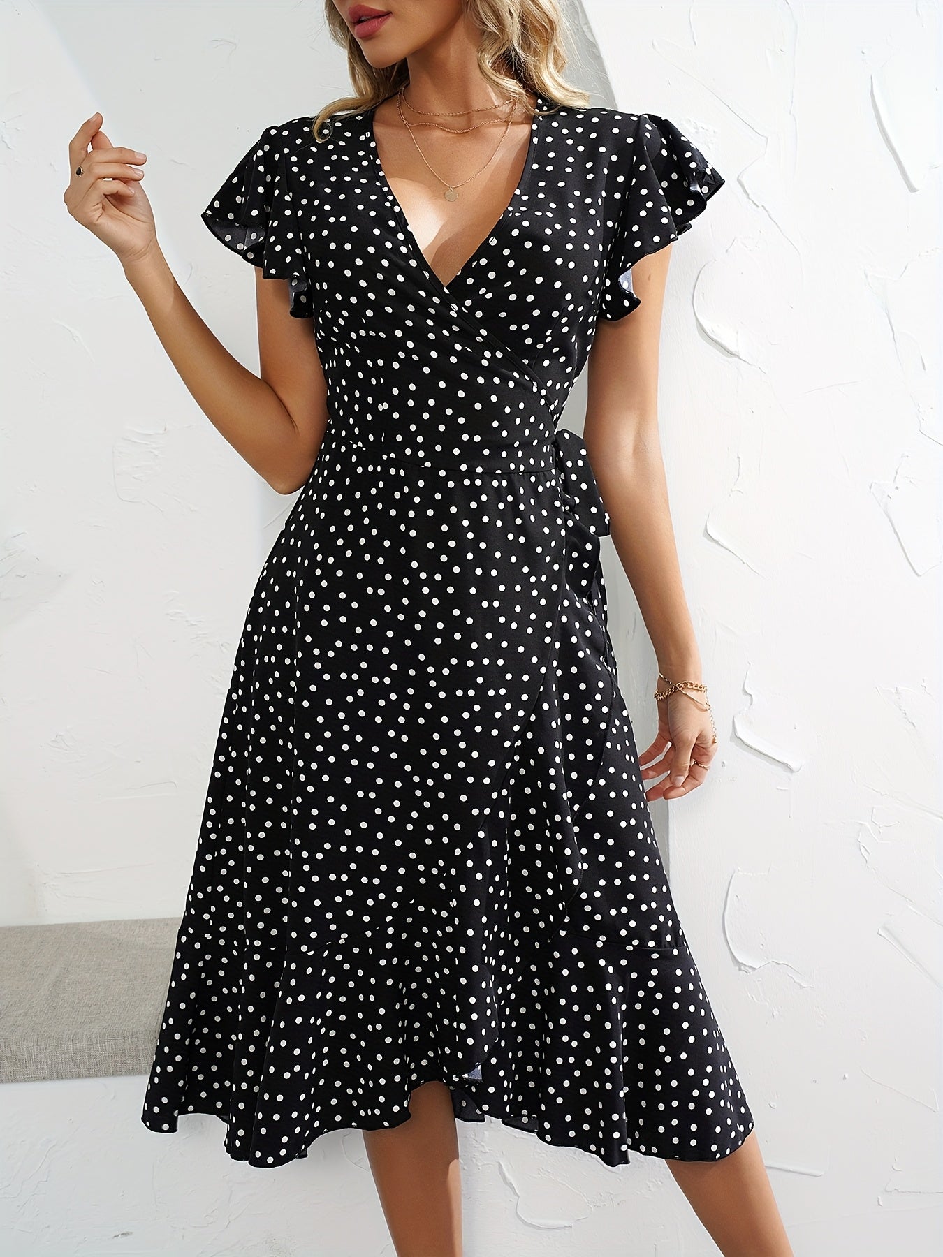 Women's Wrap Dress with Polka Dots and Ruffle Sleeves – Elegant Summer Look for Everyday and Leisure