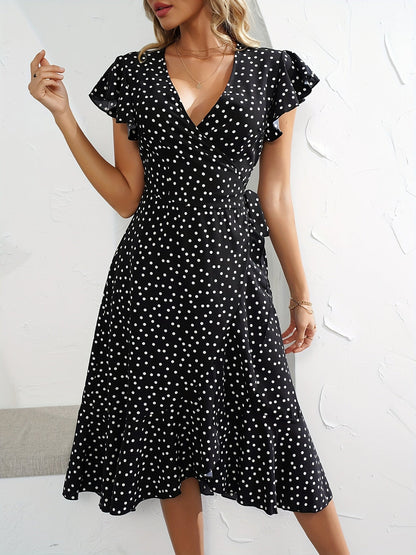 Women's Wrap Dress with Polka Dots and Ruffle Sleeves – Elegant Summer Look for Everyday and Leisure