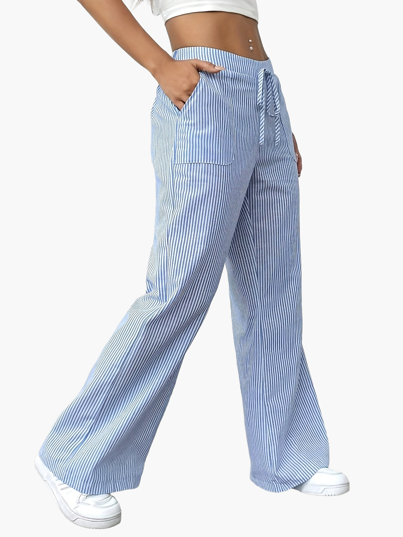 Women's Wide Casual Pants with Stripes and Drawstring – Casual Street Style for Everyday and Leisure