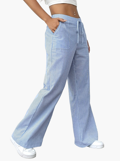 Women's Wide Casual Pants with Stripes and Drawstring – Casual Street Style for Everyday and Leisure