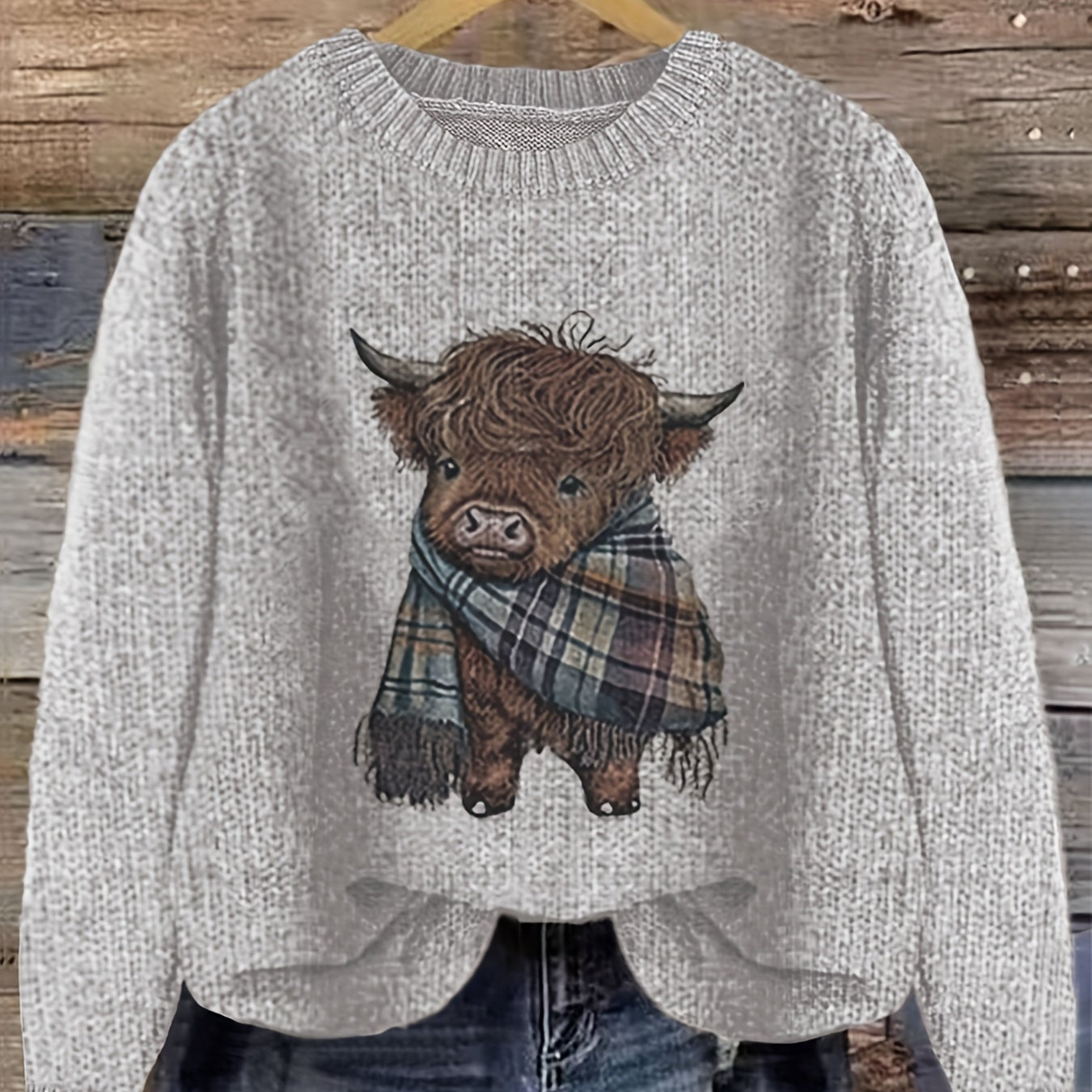 Women's Crew Neck Highland Cow Graphic Pullover Sweater
