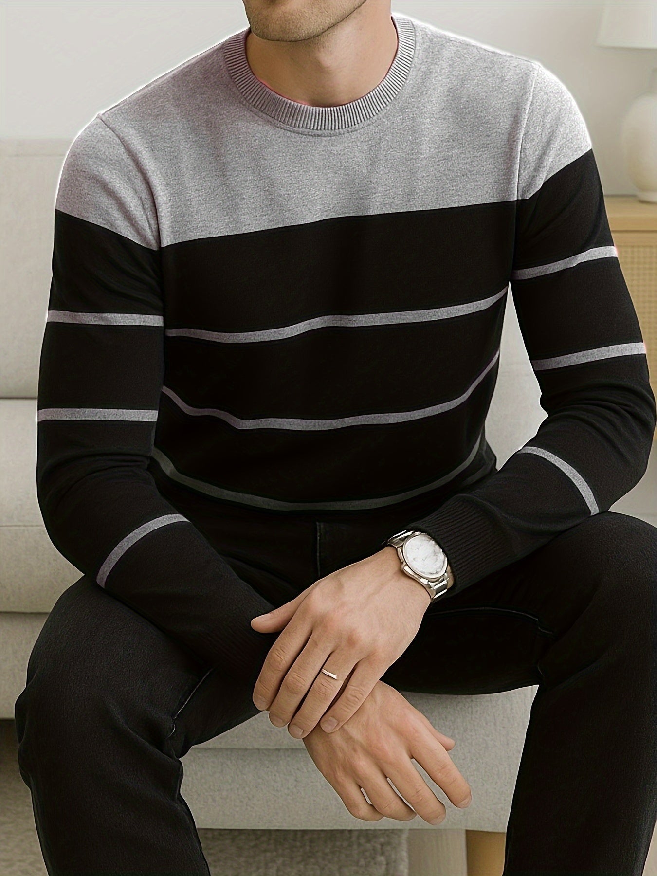Men's striped crew-neck long-sleeve sweater, green and white