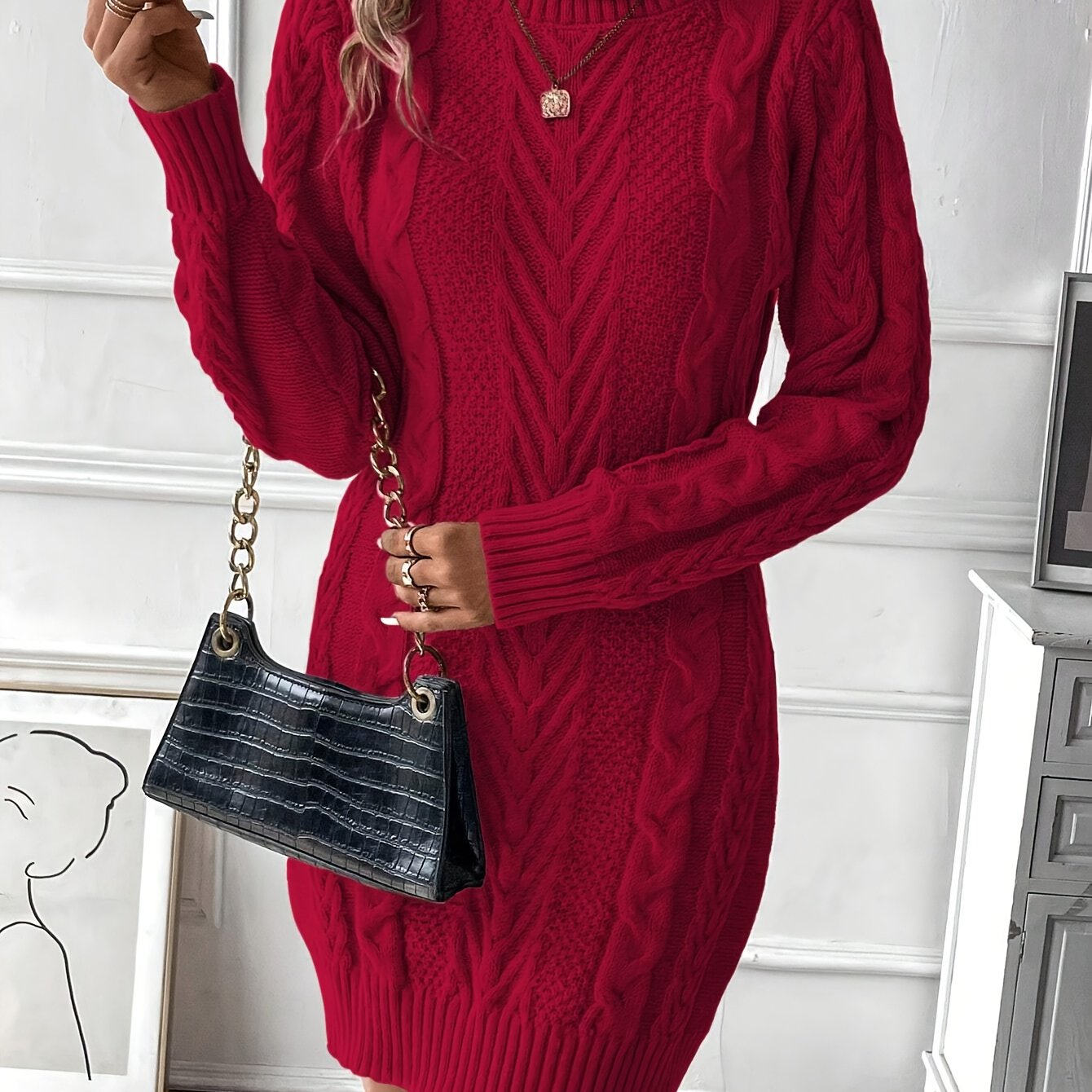 Strickkleid Damen Rollkragen Zopfmuster Langarm