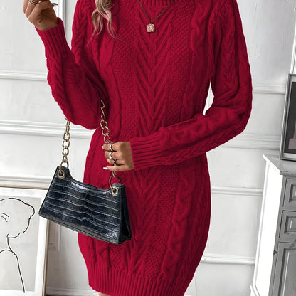 Strickkleid Damen Rollkragen Zopfmuster Langarm