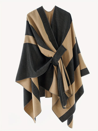 Damen Poncho Zweifarbig Gestreift Weicher Umhang mit V-Ausschnitt
