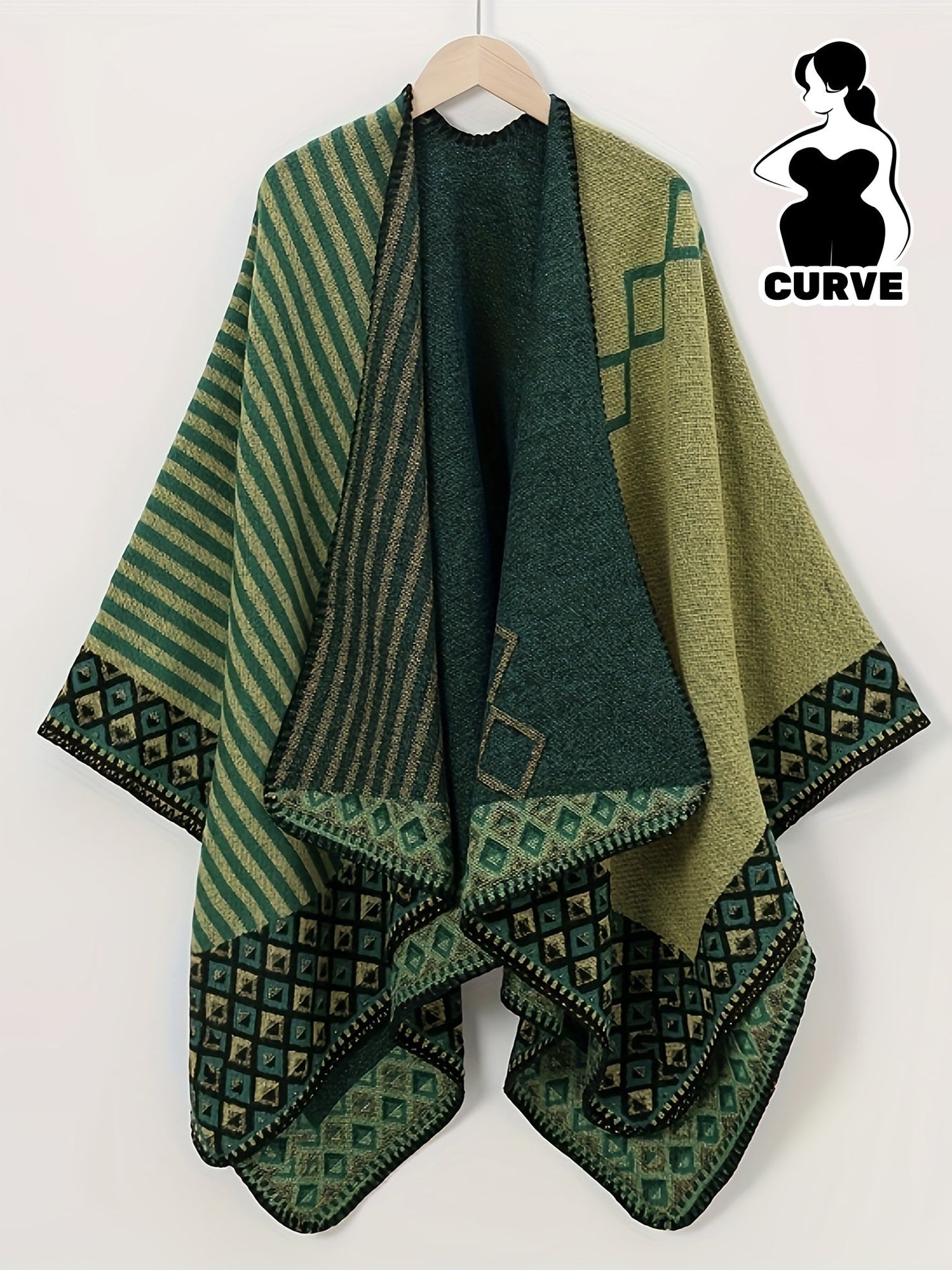 Women’s Reversible Green Patterned Elegant Poncho
