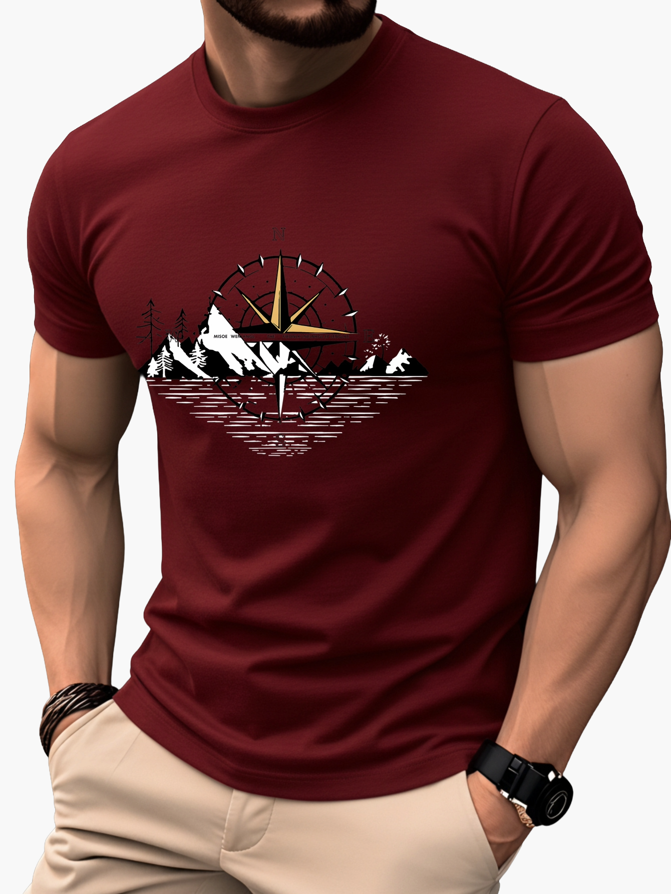 Men's T-Shirt with Compass and Mountain Design – Outdoor Adventure & Casual Look