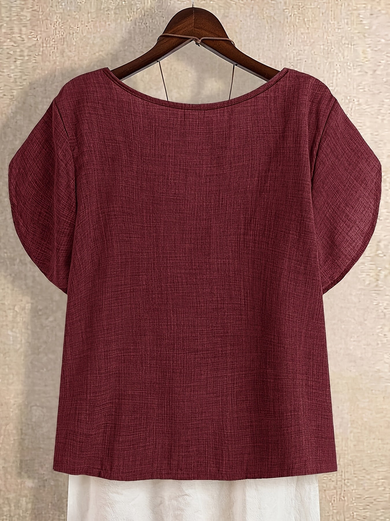 Women's tunic blouse with asymmetrical collar and short sleeves – Artistic casual style