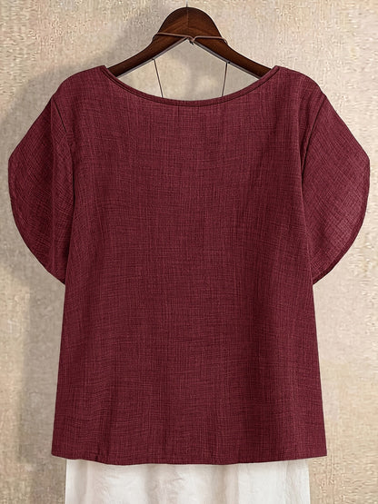 Women's tunic blouse with asymmetrical collar and short sleeves – Artistic casual style