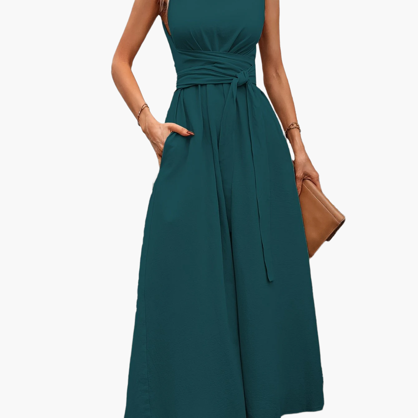 Women's Elegant Sleeveless Jumpsuit with Tie Belt and Wide Legs – Perfect for Summer and Leisure