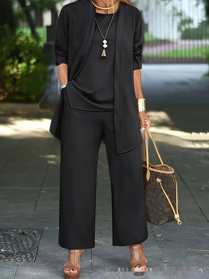 Sara – Stylish sleeveless top with round neckline and long jacket set with wide pantsuit