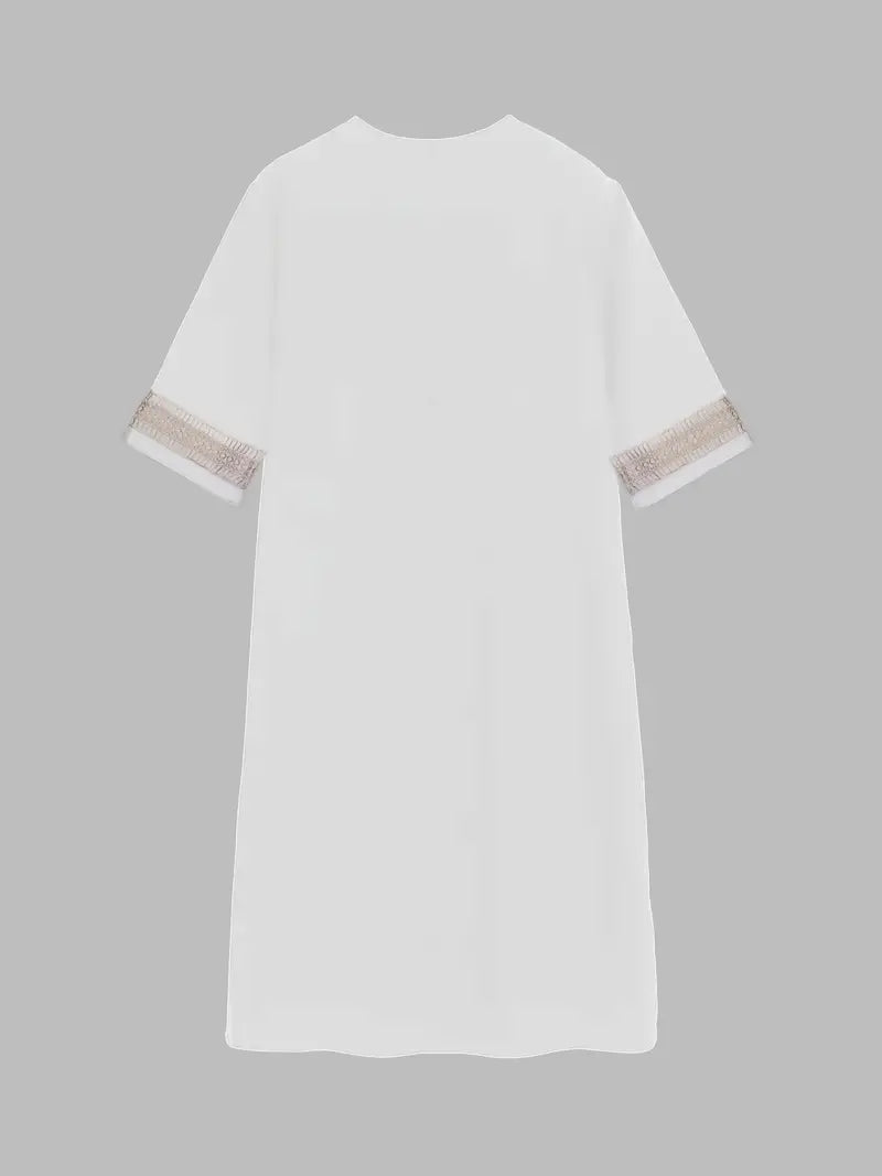 Damen Sommerkleid V-Ausschnitt mit Spitze – Lockeres Freizeitkleid für Alltag, Urlaub & Strand