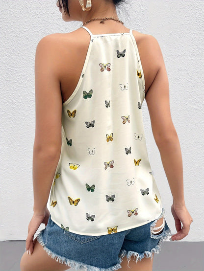 Women's top with butterfly print and spaghetti straps – Elegant summer blouse for leisure and everyday wear