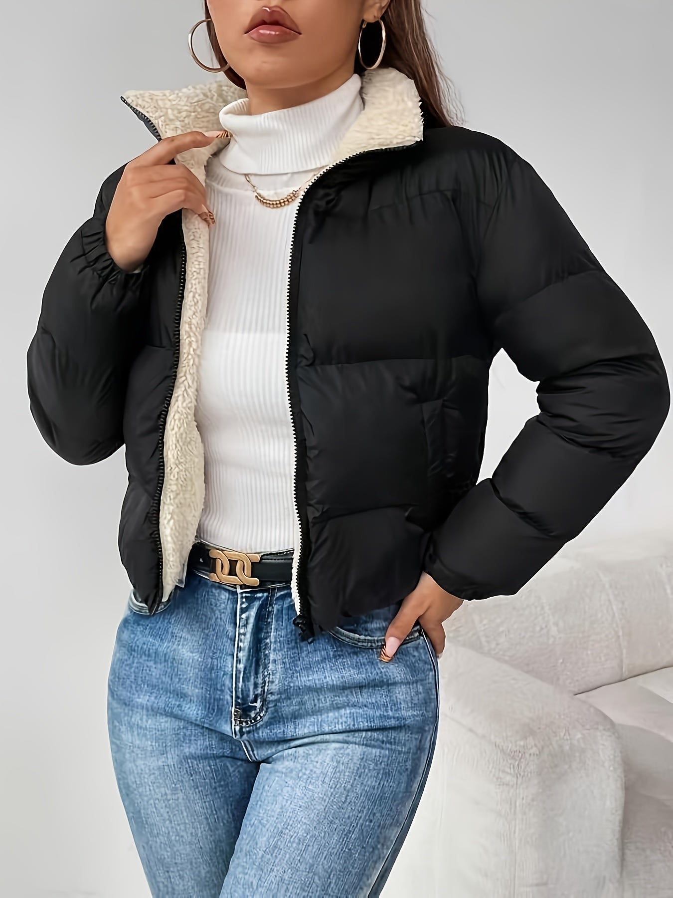 Women's Short Quilted Jacket with Teddy Lining and Zipper