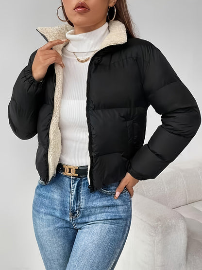 Women's Short Quilted Jacket with Teddy Lining and Zipper