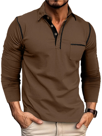 Men's long-sleeve polo shirt with chest pocket and contrast stitching