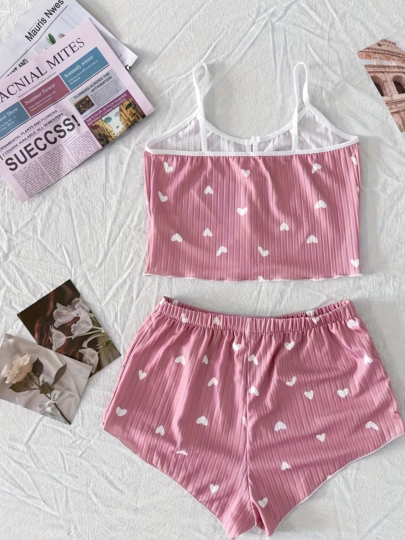 Damen Pyjama Set mit Herzchen-Muster, zweiteilig, für Sommer, sexy Stil, Schlafanzug