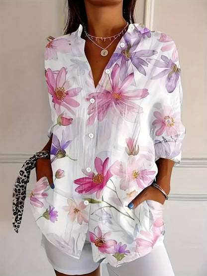 Women's Blouse with Floral Pattern – Elegant Long-Sleeve Shirt Blouse for Spring and Summer, Casual & Office