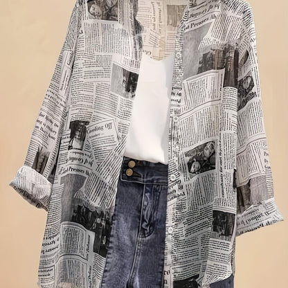 Women's blouse with newspaper print and shorts – fashionable set for leisure and everyday wear