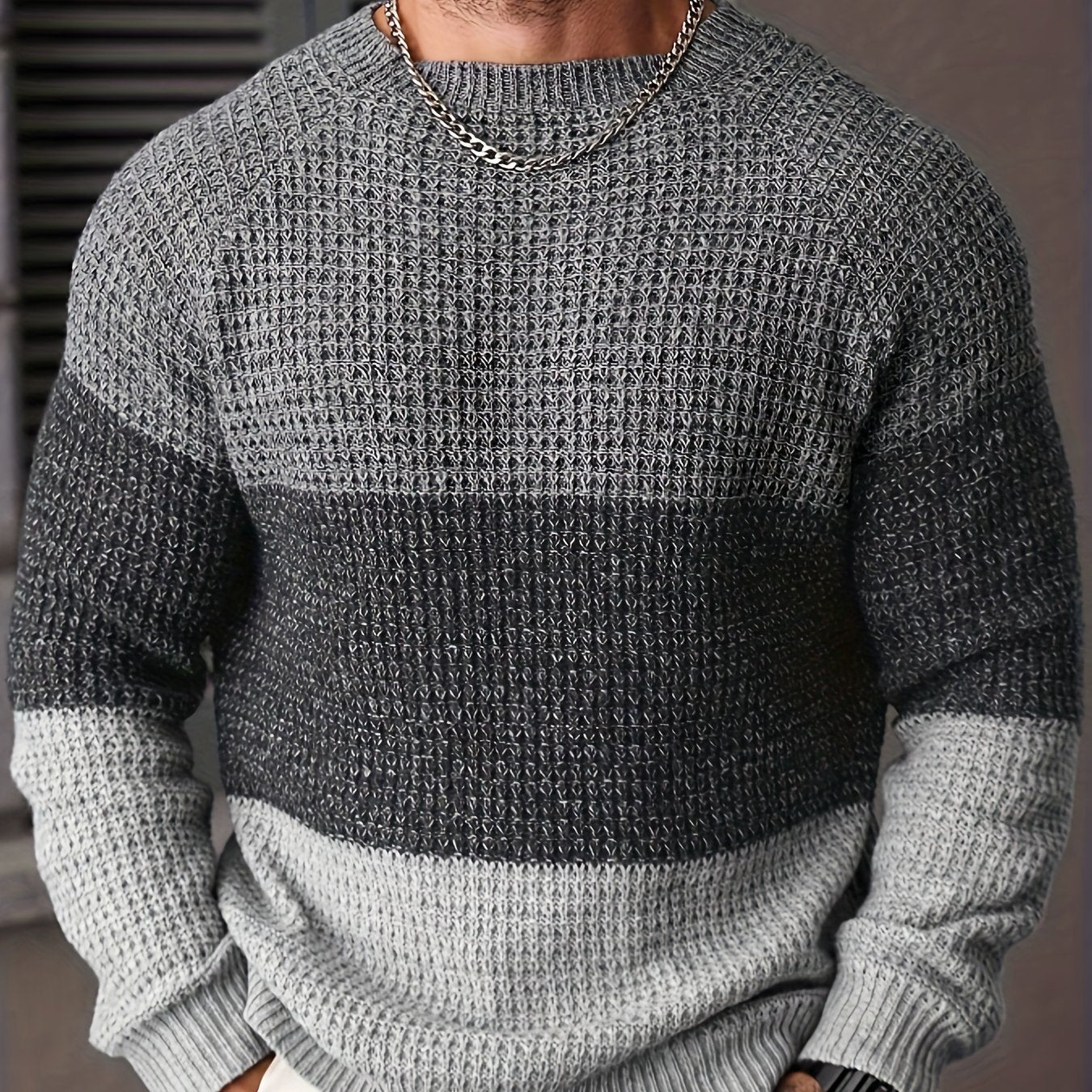 Herren Grobstrickpullover Rundhals Mehrfarbig Gestreift Langarm