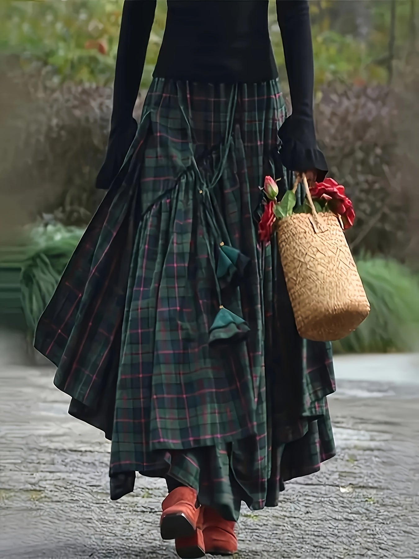 Damen Maxirock Plaid Schottenkaro Asymmetrisch Grün