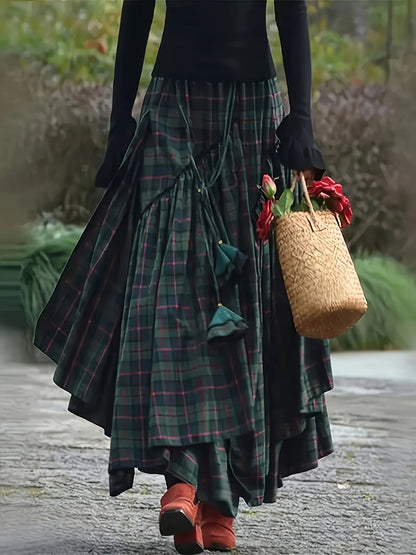Damen Maxirock Plaid Schottenkaro Asymmetrisch Grün