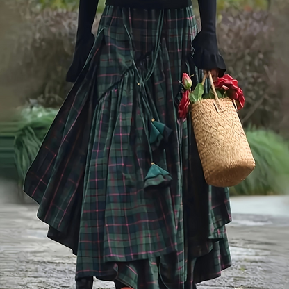 Damen Maxirock Plaid Schottenkaro Asymmetrisch Grün